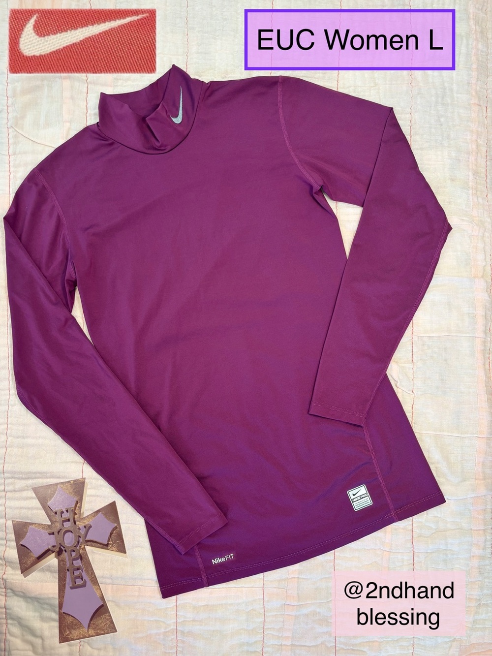 EUC Nike Women Pro Tight Dri-FIT Mock-Neck Long-Sleeve Top, Plum Sz L